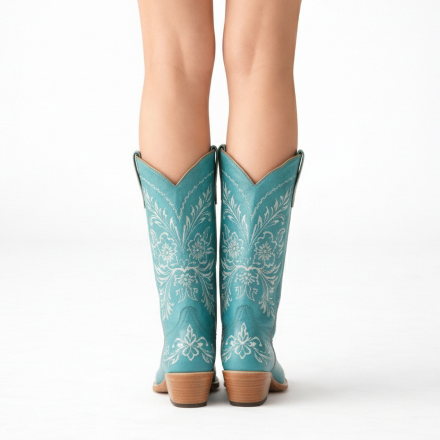 Tall Western Cowboy Boot in Turquoise with Floral Embroidered Shaft and Block Heel