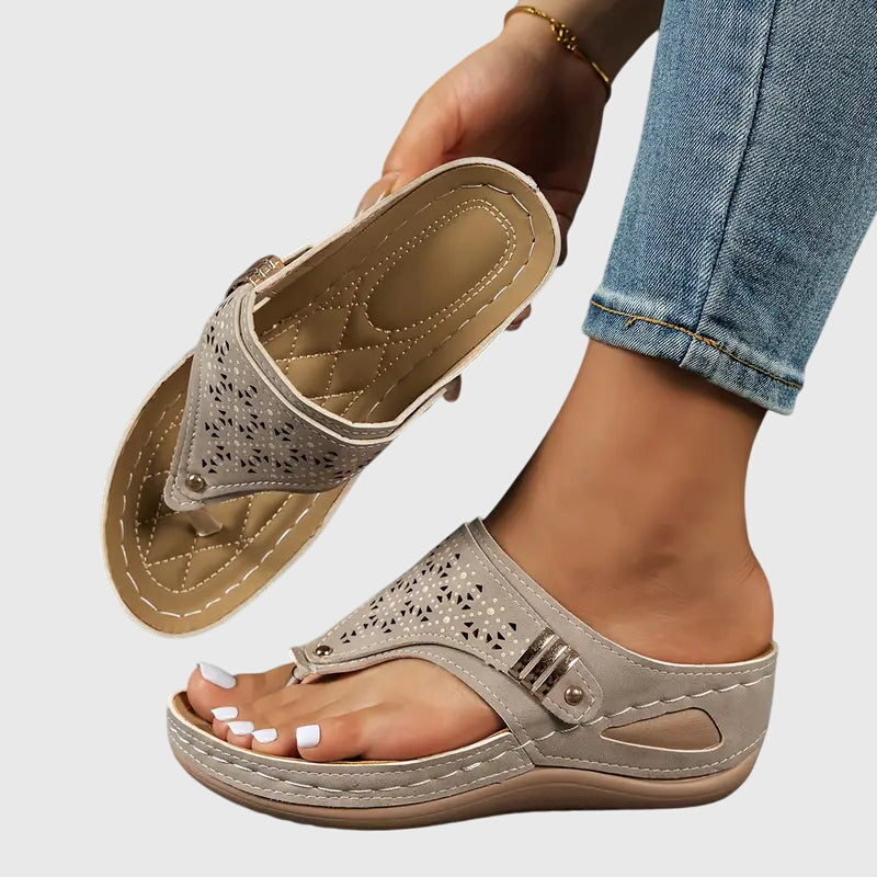 Wedge Sandals with Laser Cut Detail and Toe Post