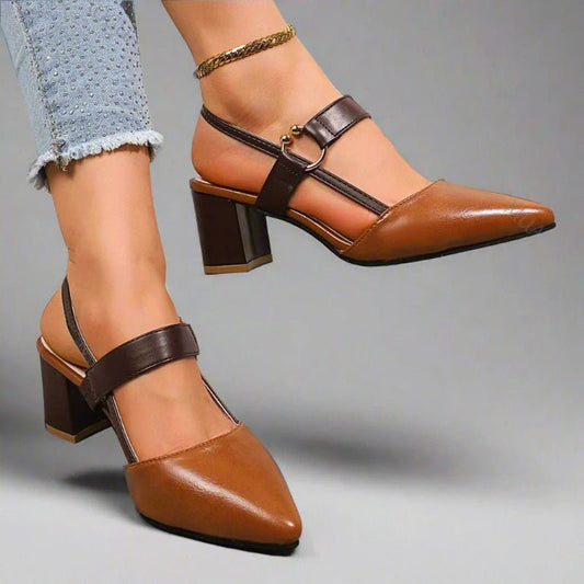 Block Heel Slingback Heels with Pointed Toe and Buckle Strap