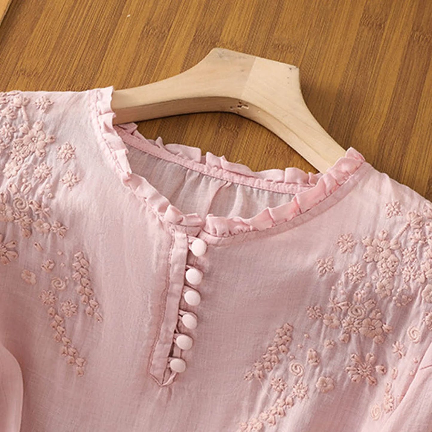 Bohemian Blouse with Floral Embroidery and Frill Neckline