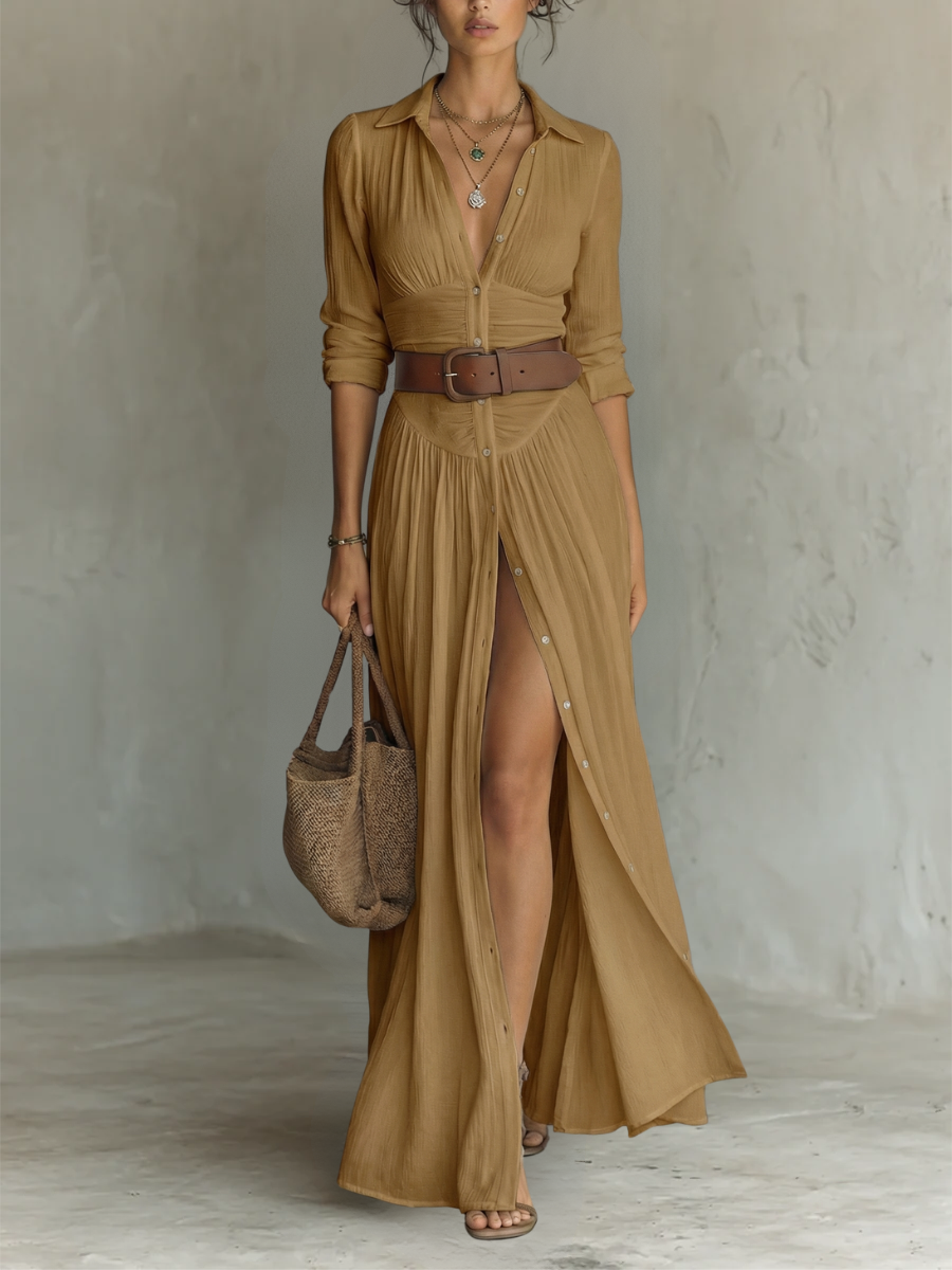 Boho Linen Maxi Shirt Dress with Button Front and Long Sleeves