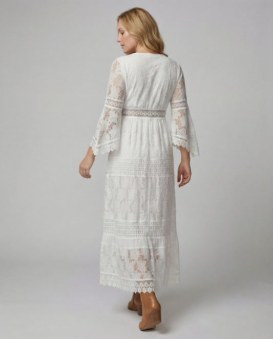 Boho White Lace Maxi Dress with Gold Detail and Bell Sleeves