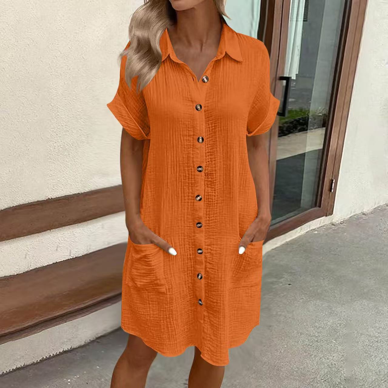 Casual Linen Shirt Dress with Button Front and Patch Pockets