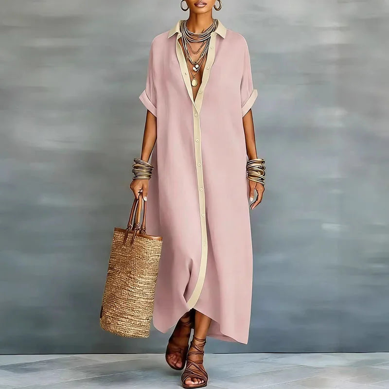 Casual Linen Shirt Maxi Dress with Short Sleeves