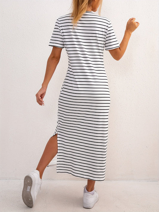 Casual Striped T-Shirt Maxi Dress with Side Split