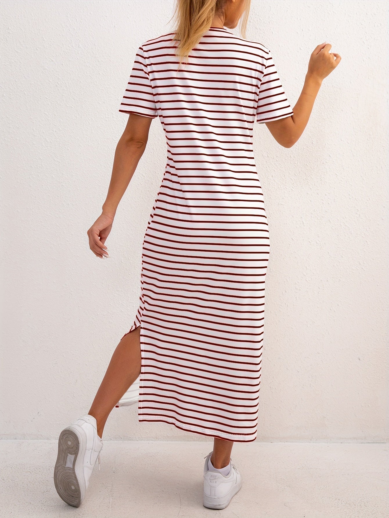 Casual Striped T-Shirt Maxi Dress with Side Split