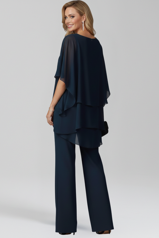 Elegant Chiffon Jumpsuit with Tiered Cape Top and Wide Leg Trousers