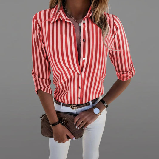 Classic Striped Blouse with Collar and Roll-Up Sleeves