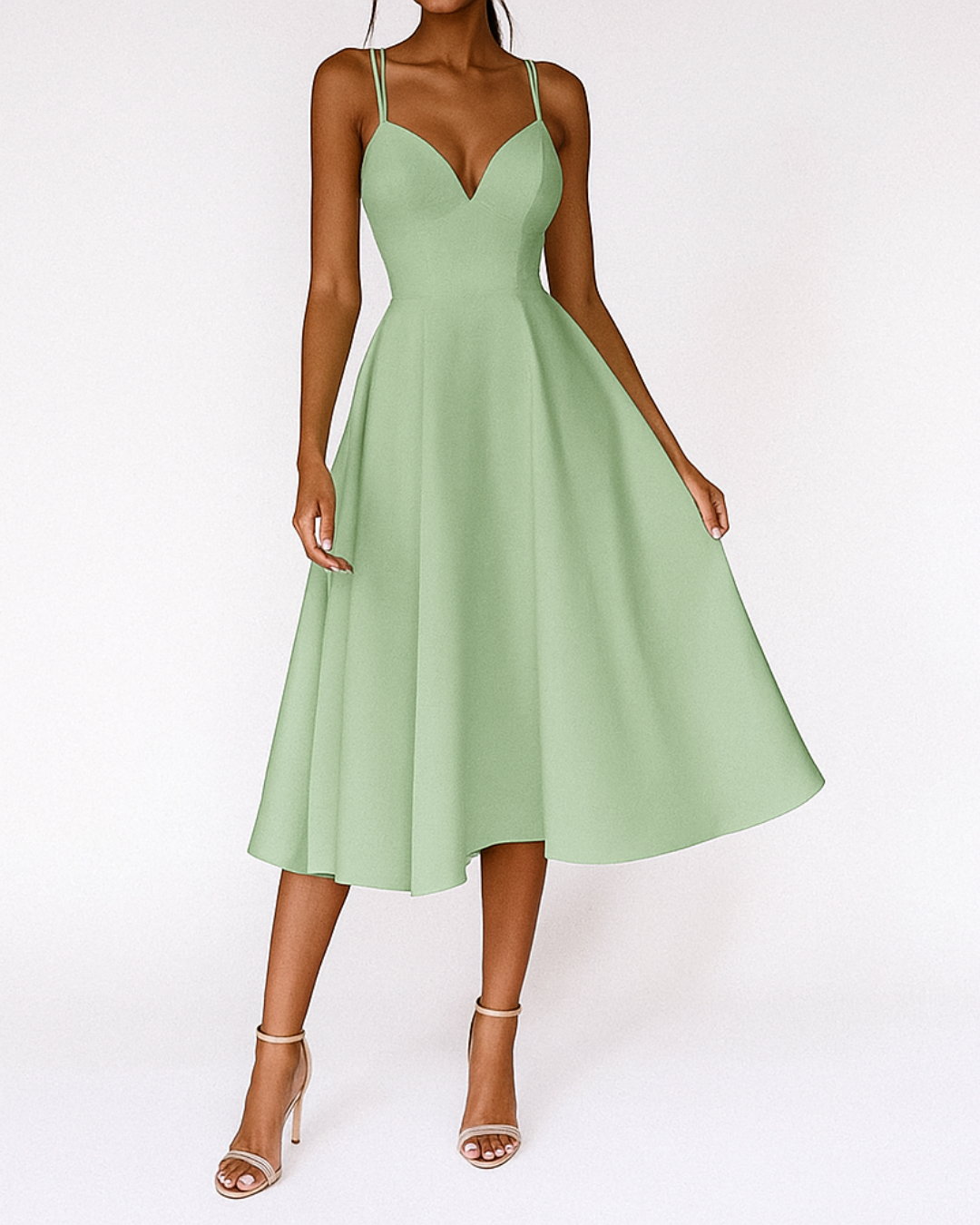 Elegant A-Line Midi Dress with Deep V-Neckline and Strappy Back