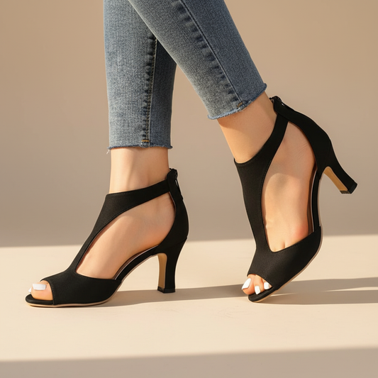 Elegant Cut Out Heeled Sandals with Peep Toe and Zip Back