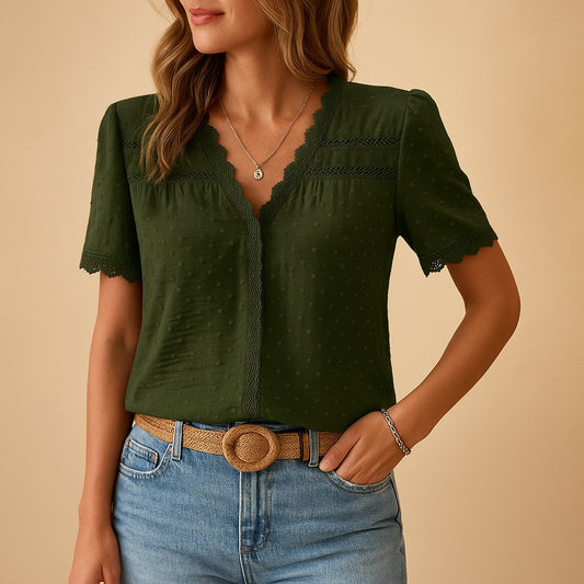 Elegant Lace Trim Blouse with V-Neckline and Swiss Dot Texture