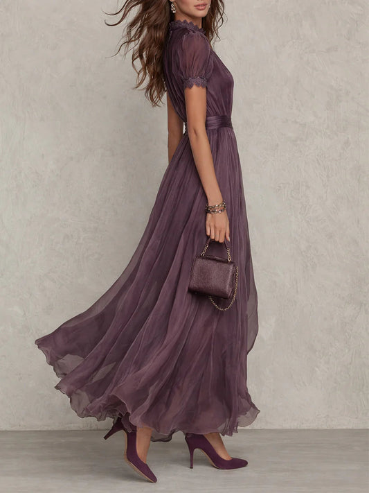 Elegant Maxi Dress with Lace Trim and Satin Waist Belt