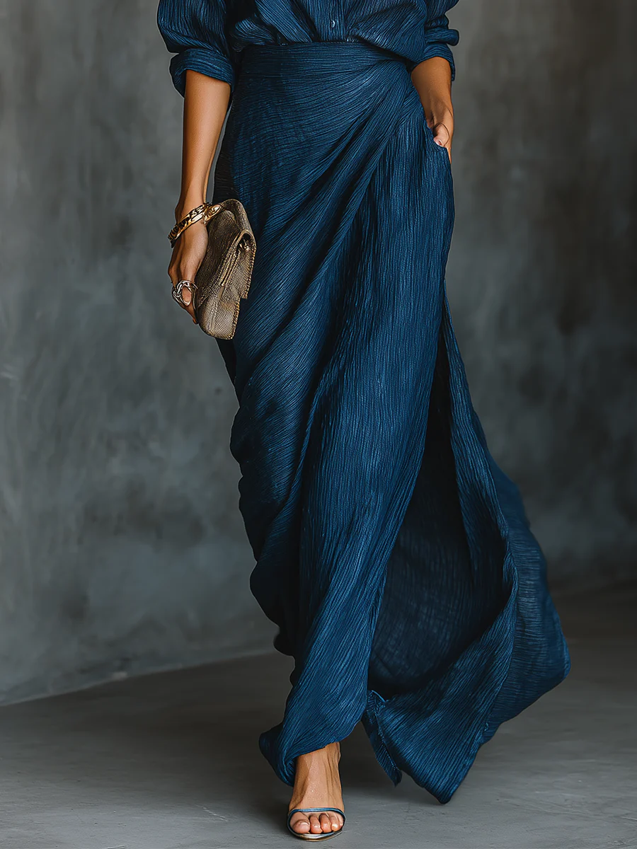 Elegant Navy Blue Maxi Dress with Draped Skirt and Shirt Collar