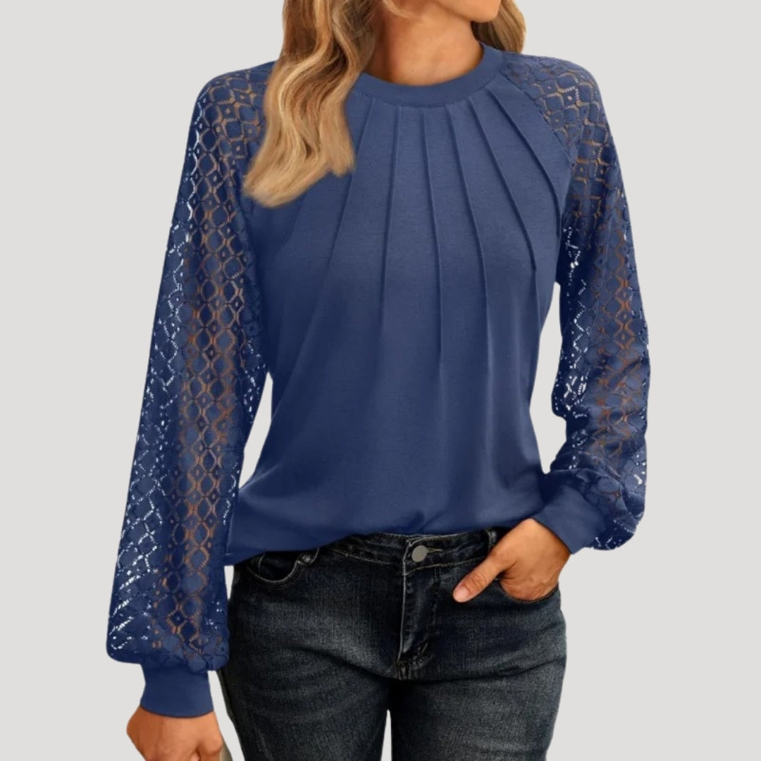 Elegant Top with Lace Sleeves and Pleated Front
