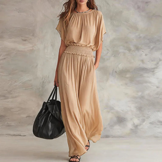 Elegant Wide Leg Jumpsuit with Smocked Waist and Batwing Sleeves