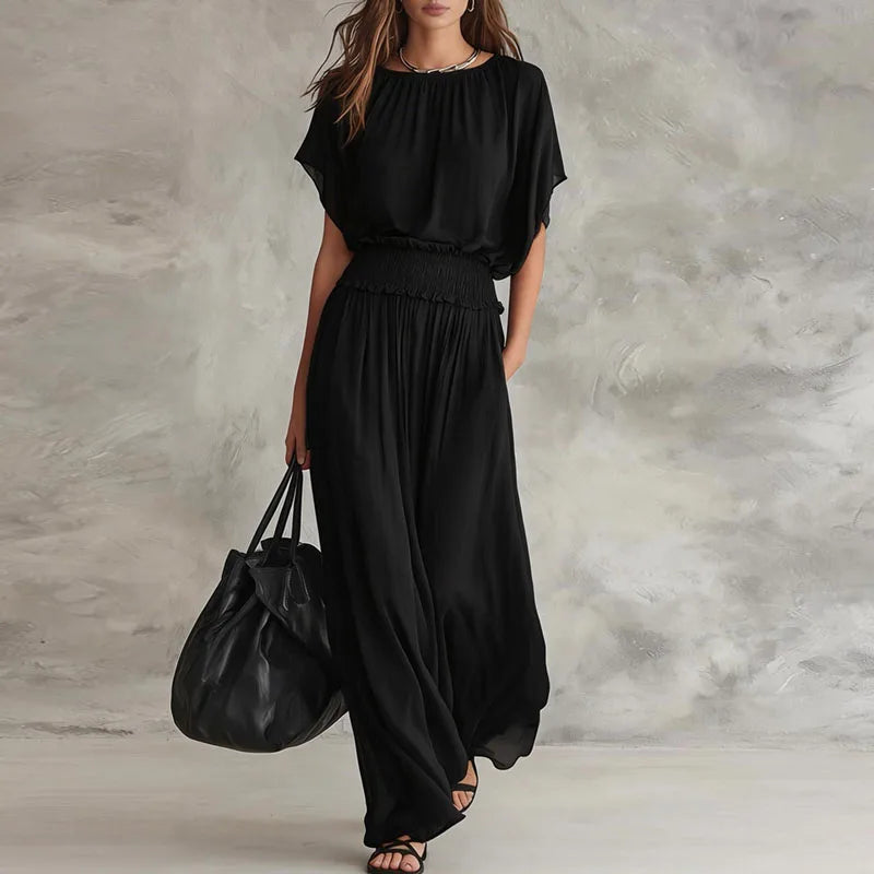 Elegant Wide Leg Jumpsuit with Smocked Waist and Batwing Sleeves