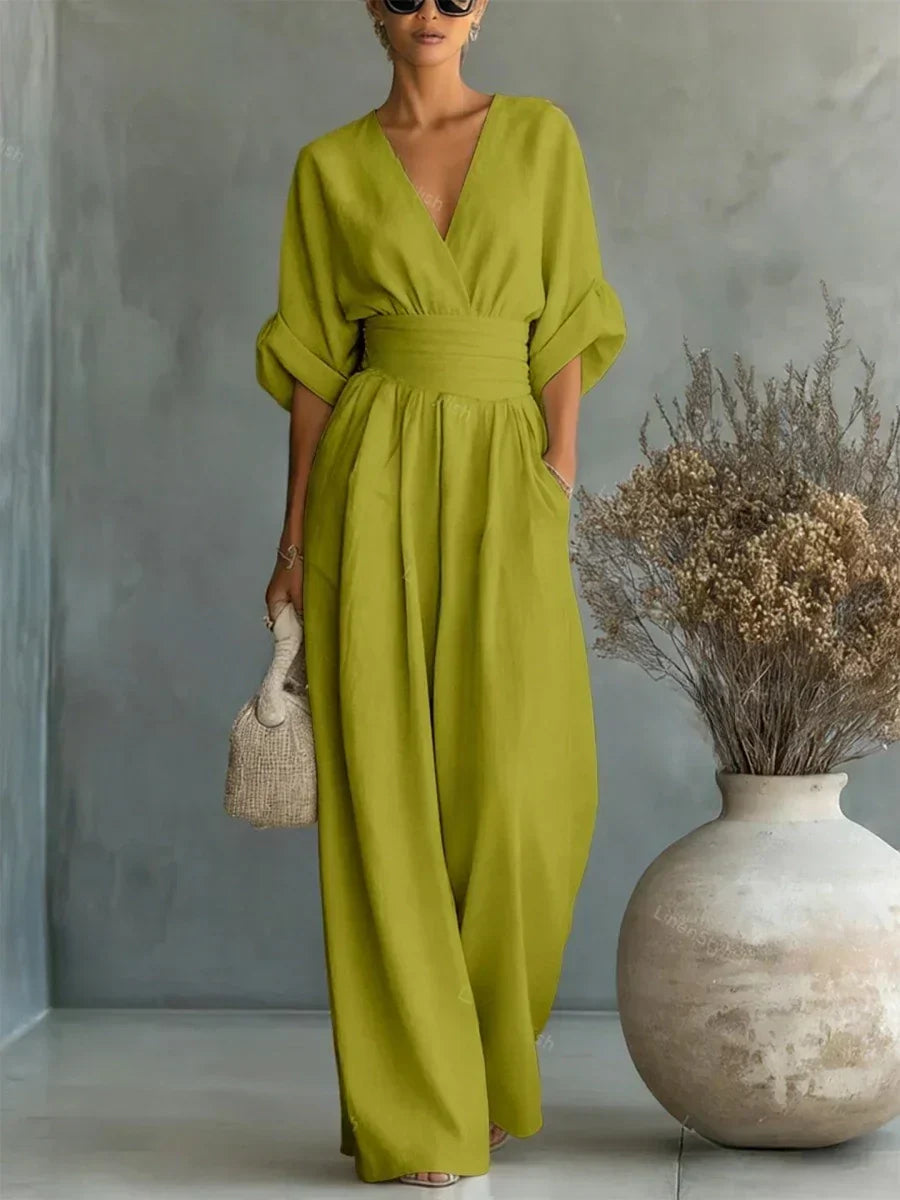 Elegant Wide Leg Jumpsuit with V-Neckline and Wrap Waist Band