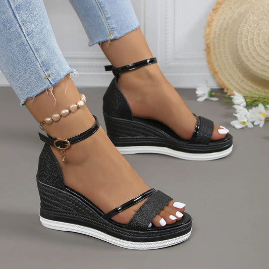 Glitter Platform Wedge Sandals with Ankle Strap