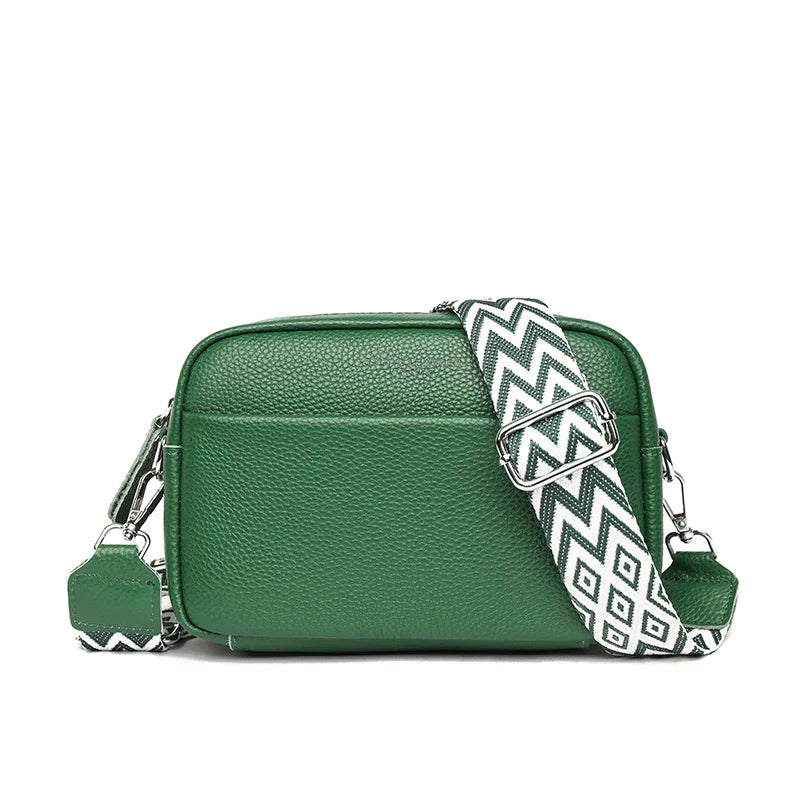 Leather Crossbody Bag with Patterned Wide Strap