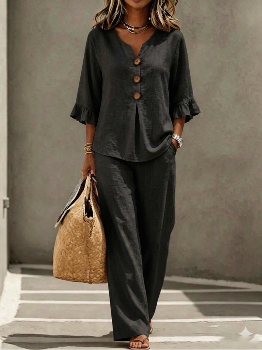Linen Co Ord Set with Ruffle Sleeves and Wide Leg Trousers