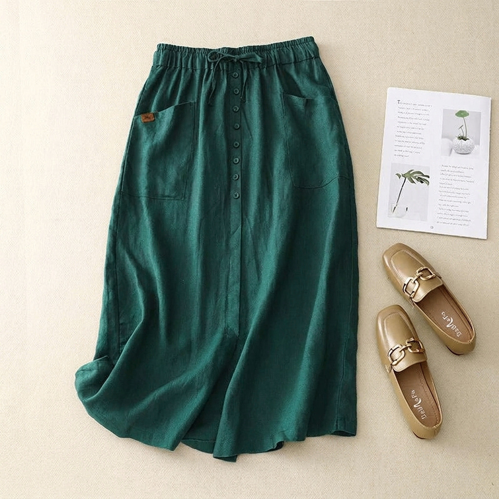 Linen Midi Skirt with Elastic Drawstring Waist