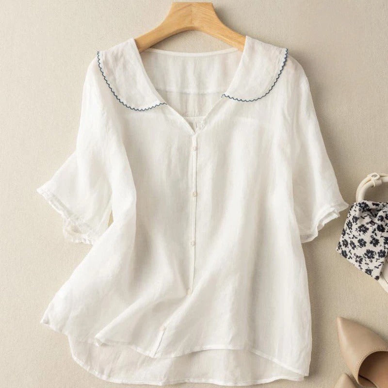 Linen Peter Pan Collar Blouse with Ruffle Sleeves