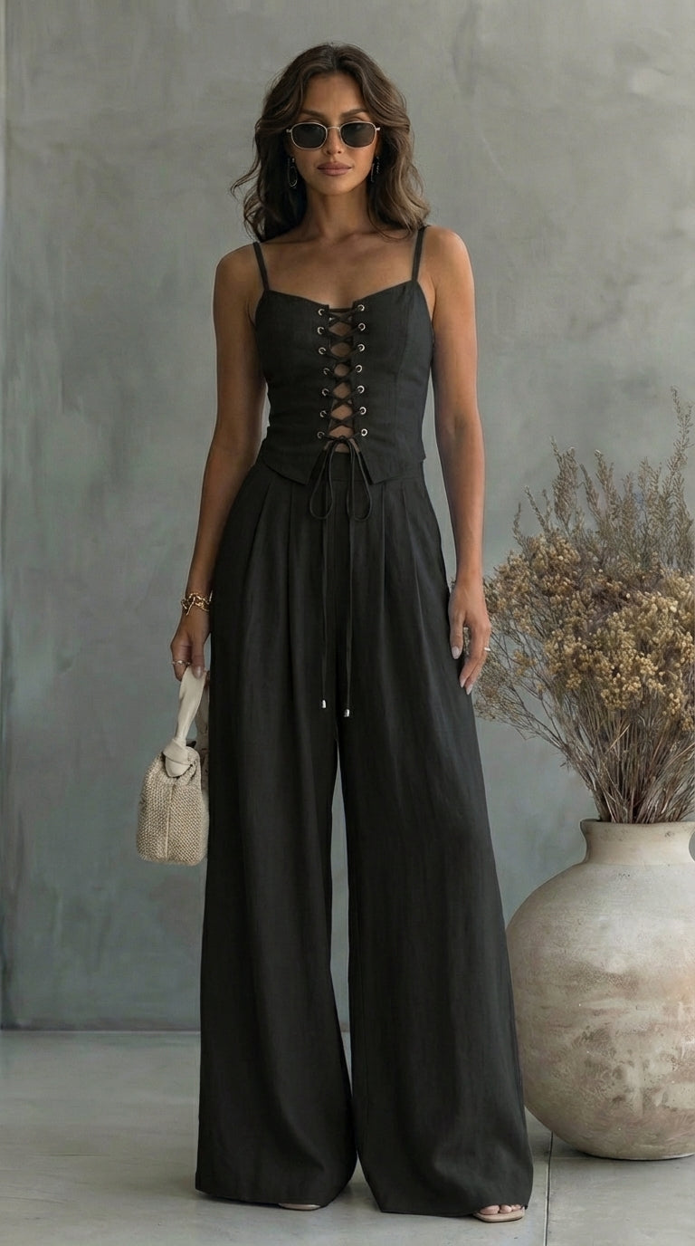 Linen Two Piece Set with Corset Top and Wide Leg Trousers