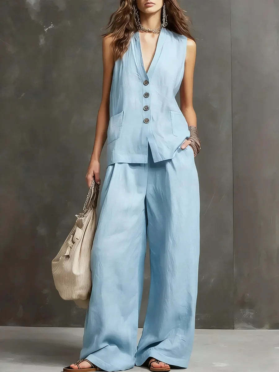 Linen Two Piece Set with Sleeveless Vest and Wide Leg Trousers