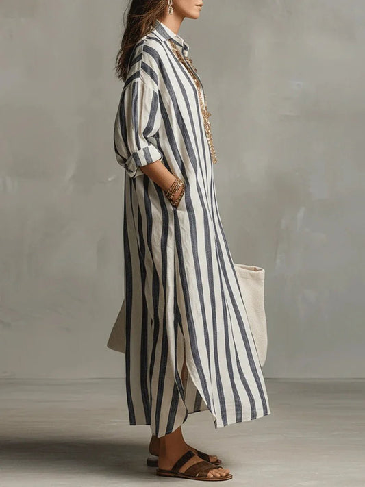Long Sleeve Striped Linen Maxi Dress with Collar
