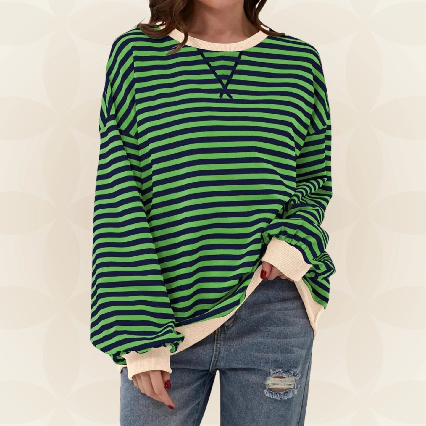Oversized Crewneck Striped Sweatshirt with Contrast Trim