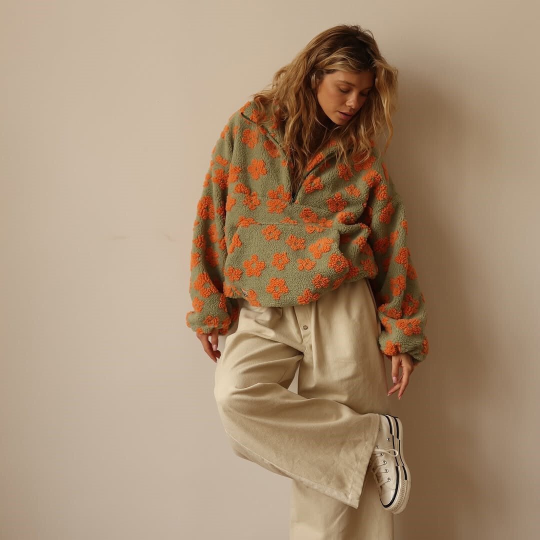 Oversized Floral Teddy Fleece Half Zip Sweatshirt