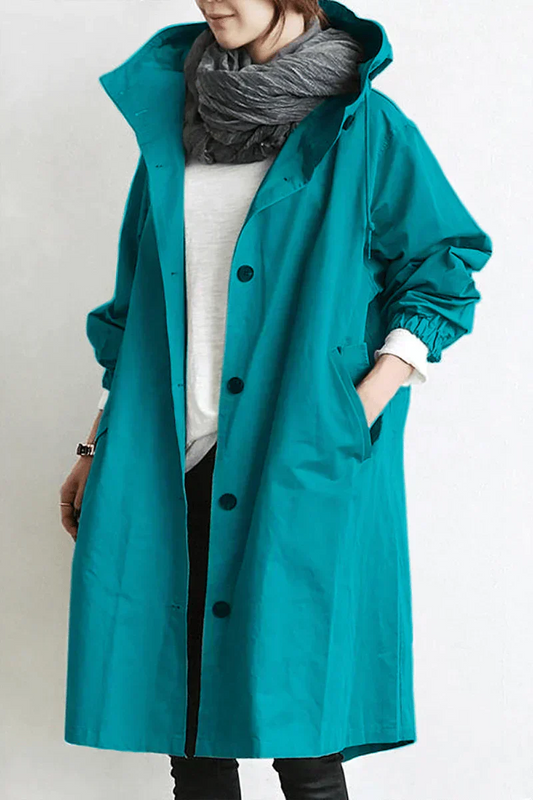 Oversized Hooded Trench Coat with Button Front and Elasticated Cuffs