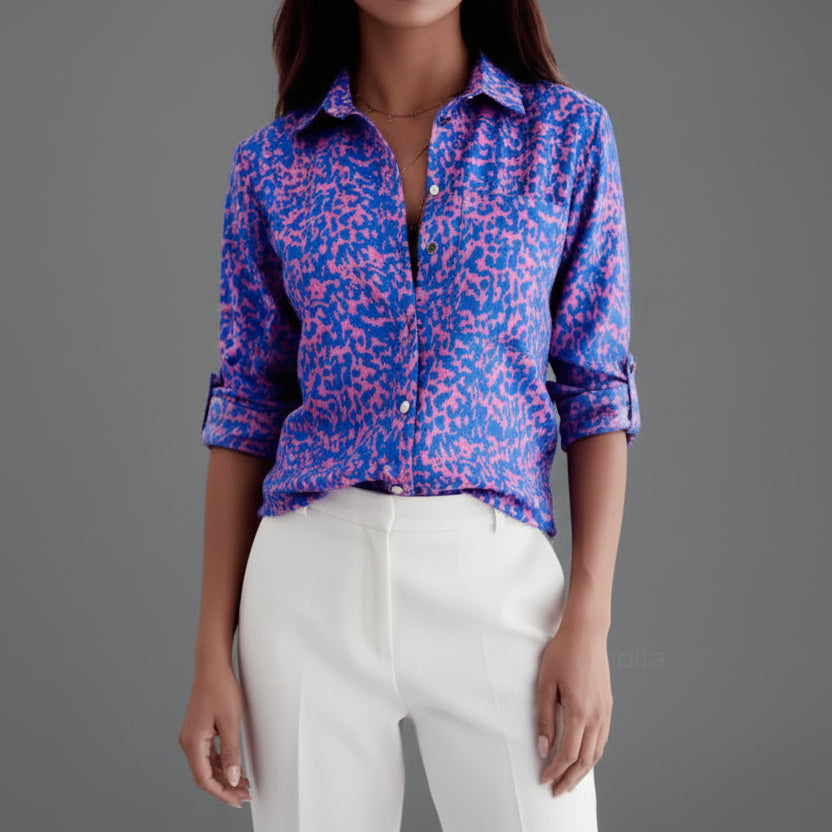 Printed Satin Blouse with Classic Collar and Roll-Up Sleeves