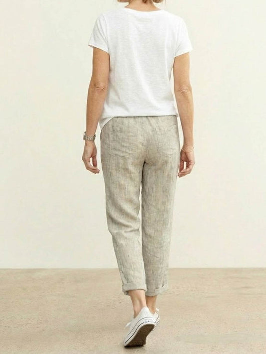 Relaxed Fit Cropped Linen Trousers with Drawstring Waist