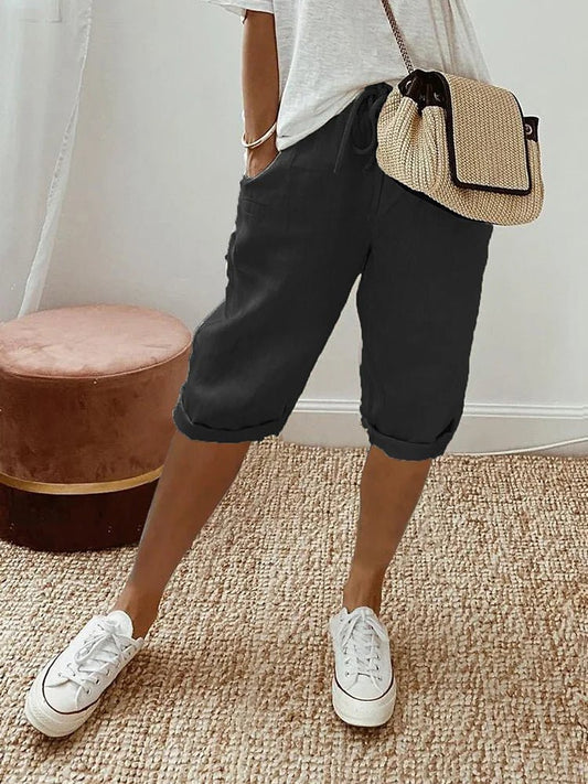 Relaxed Linen Capri Pants with Drawstring Waist and Roll-Up Hem