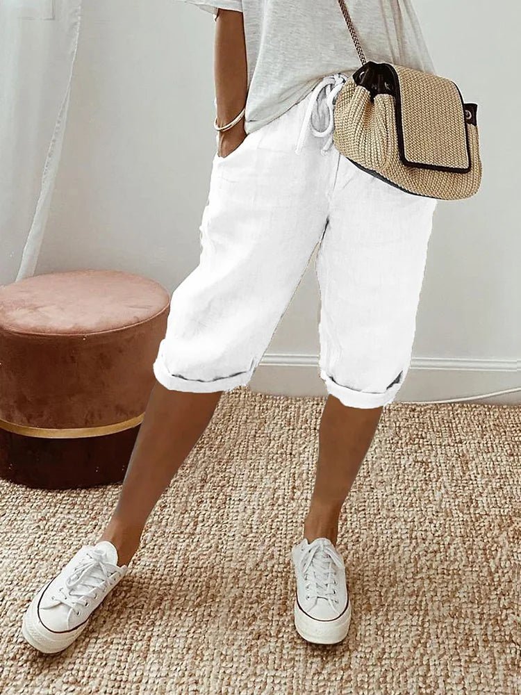 Relaxed Linen Cropped Trousers with Drawstring Waist and Roll-Up Hem