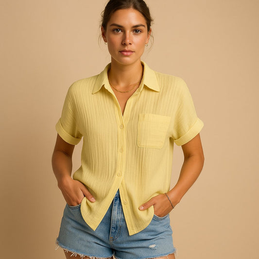 Relaxed Short Sleeve Shirt with Chest Pocket and Collar