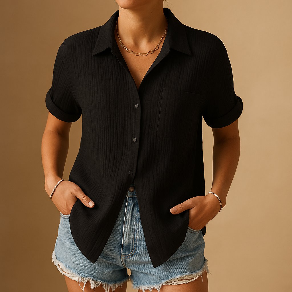Relaxed Short Sleeve Shirt with Chest Pocket and Collar