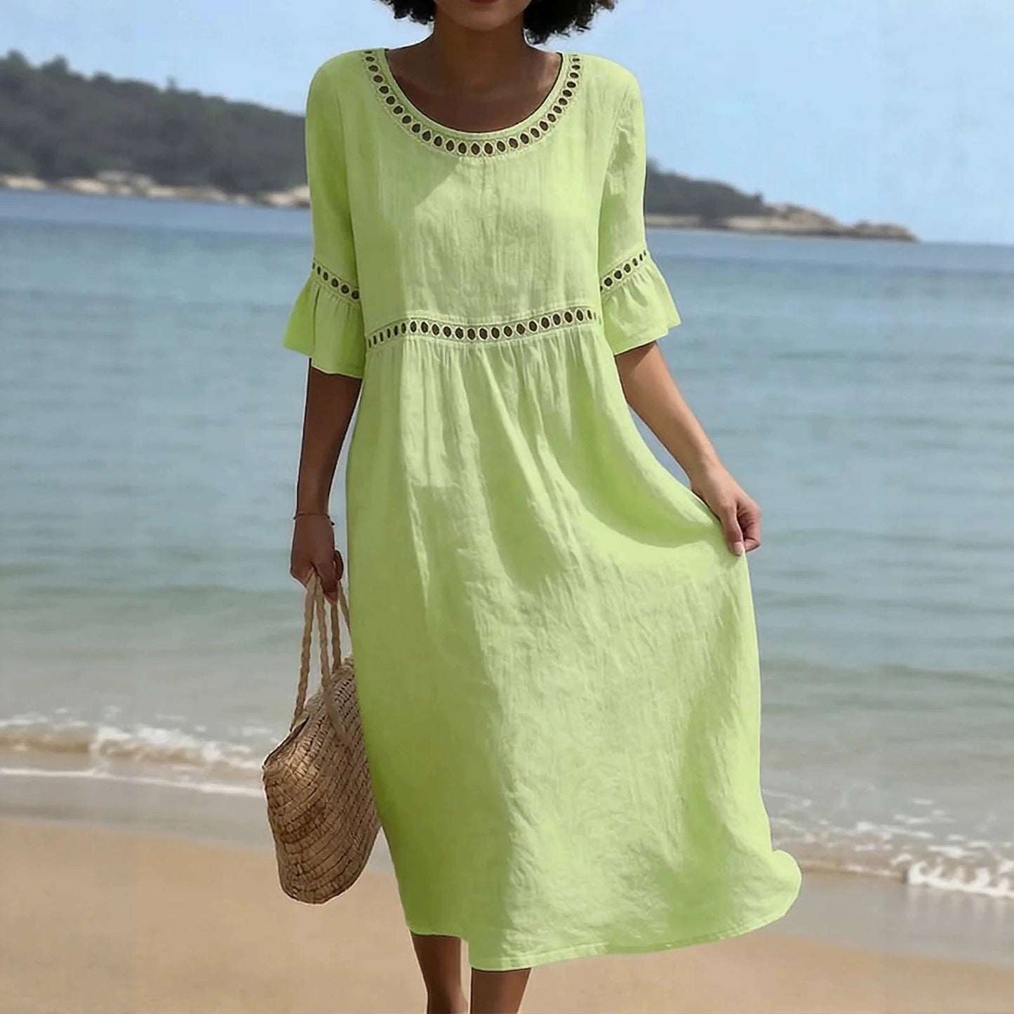 Relaxed Linen Summer Midi Dress with Hollow Out Trim and Flared Sleeves