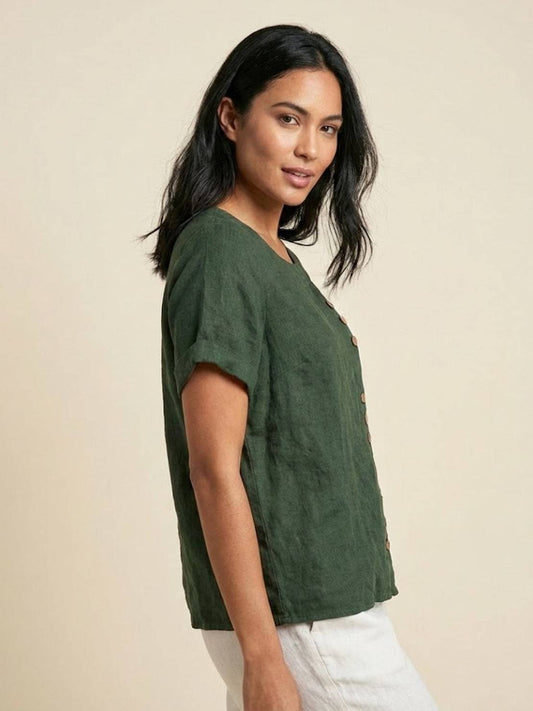 Relaxed Linen Top with Button Detail and Cuffed Sleeves