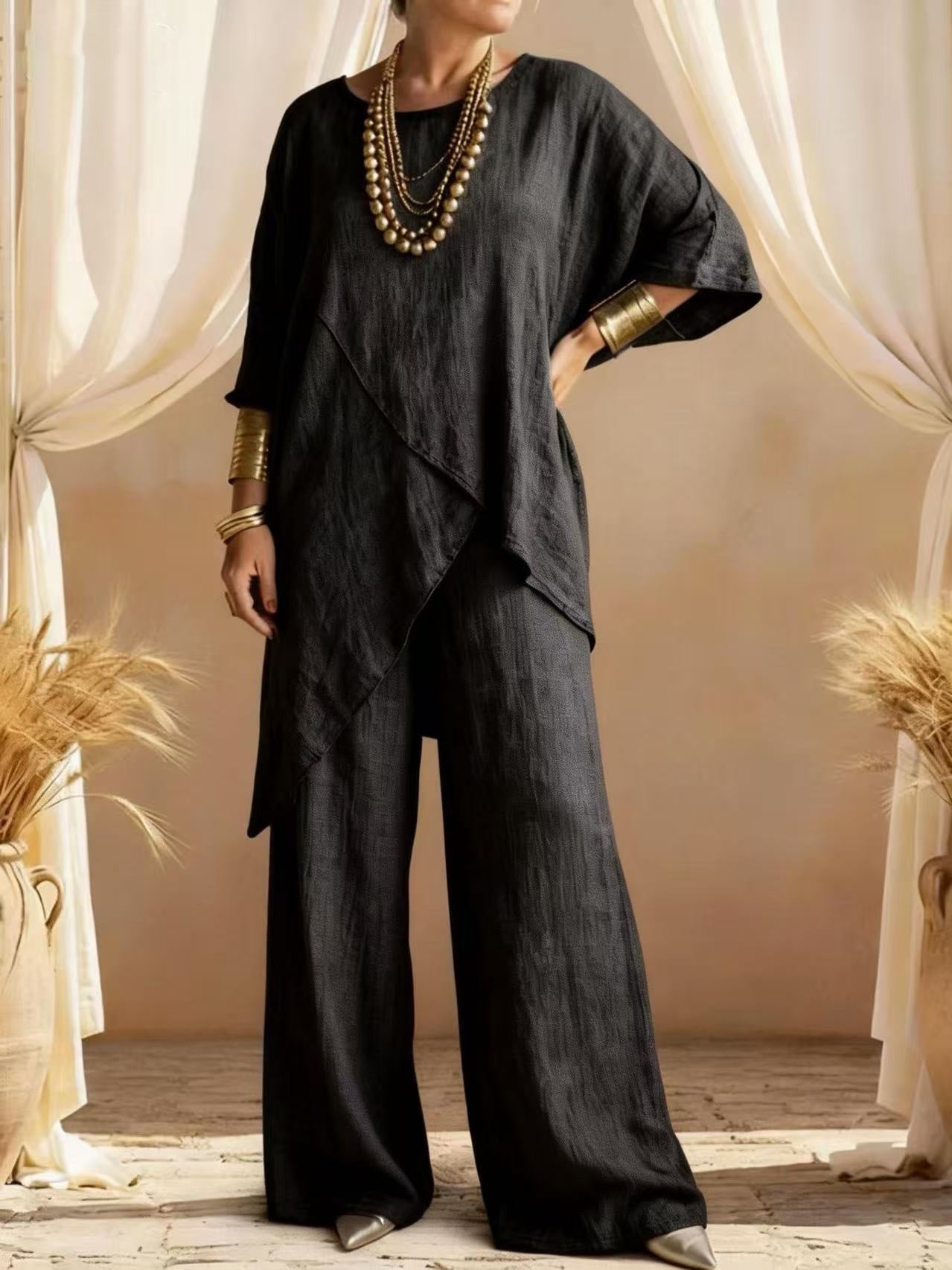Relaxed Linen Two Piece Set with Asymmetric Top and Wide Leg Trousers