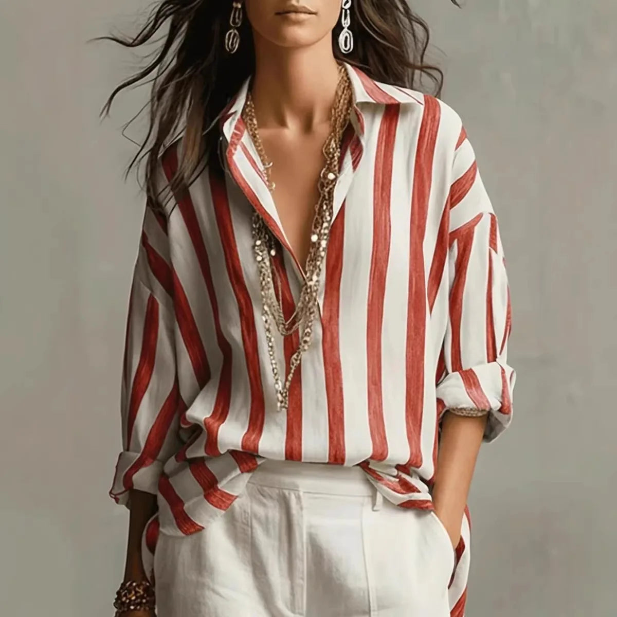 Relaxed Striped Linen Blouse with Collar and Long Sleeves