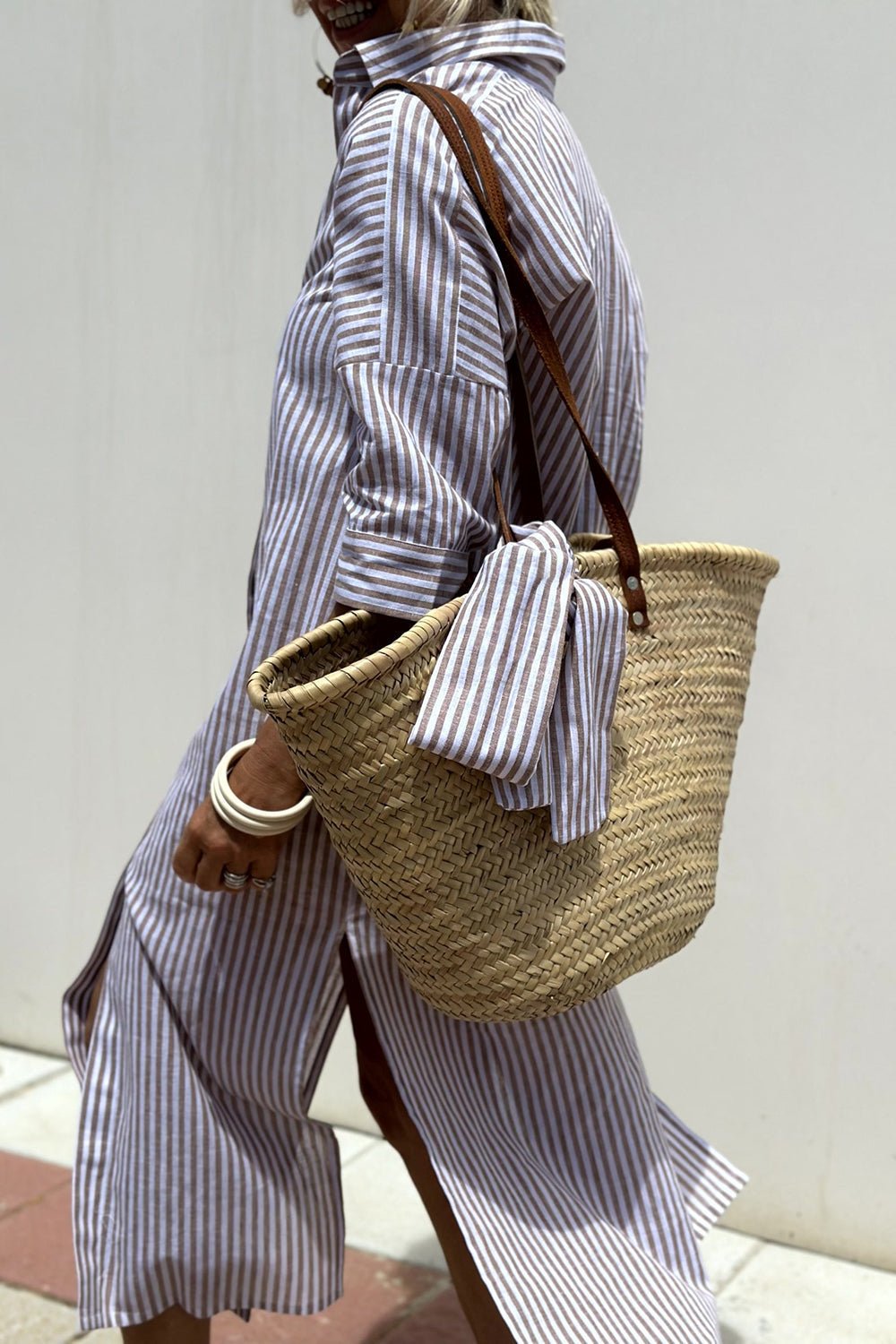 Relaxed Striped Linen Shirt Dress with Tie Waist and Side Split