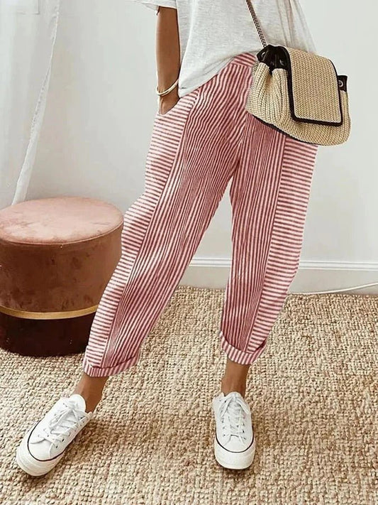 Relaxed Striped Tapered Trousers with Elasticated Waist