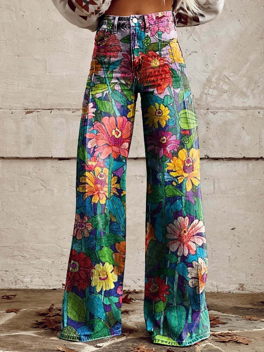 Retro High Waist Wide Leg Jeans with Print