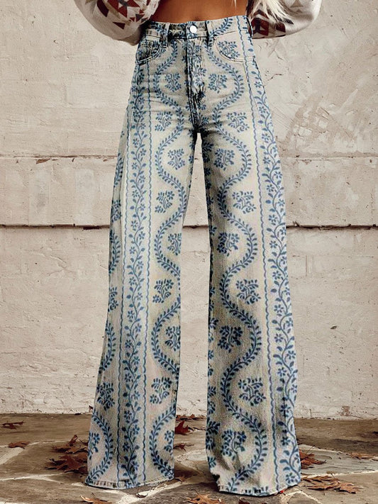 Retro High Waist Wide Leg Jeans with Print