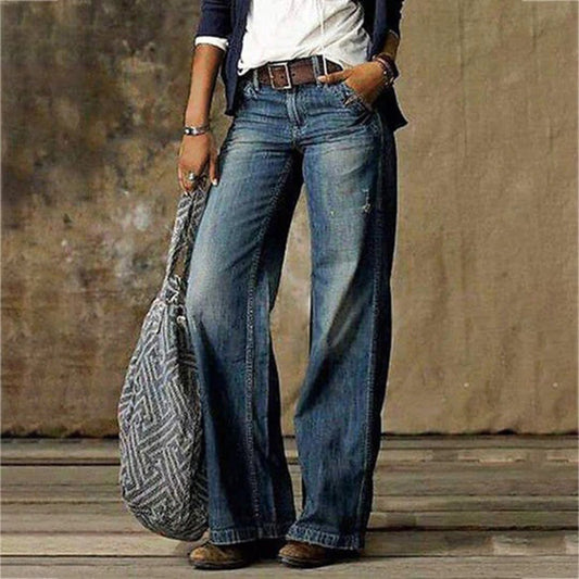 Retro Wide Leg Jeans with Mid Rise Waist and Belt Loops