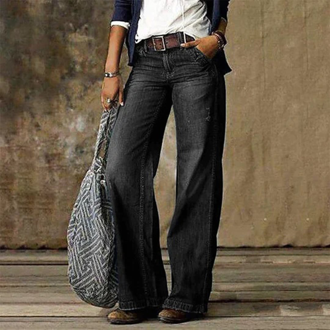 Retro Wide Leg Jeans with Mid Rise Waist and Belt Loops