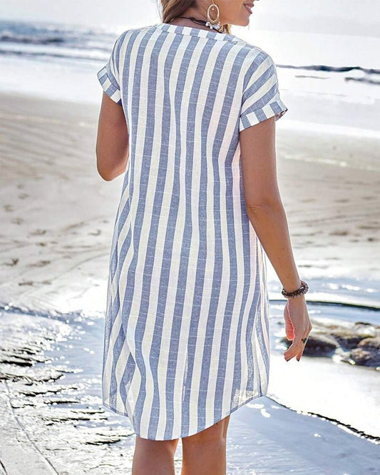 Striped Linen Shirt Dress with Button Front and Short Sleeves