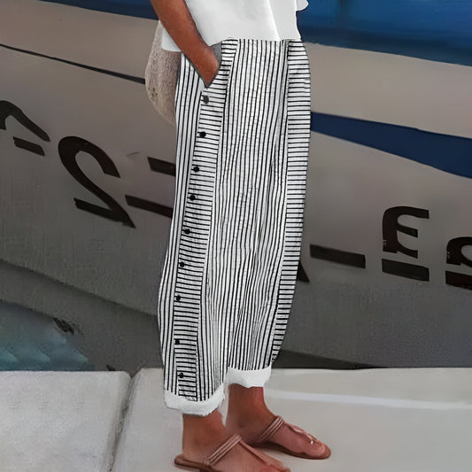 Striped Linen Trousers with Wide Leg and Side Pockets